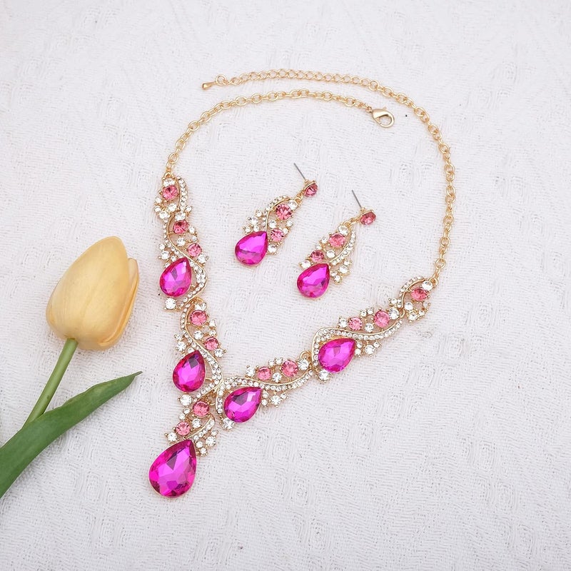 CSY Women's Elegant Bridal Necklace Earrings Stretch Bangle Bracelsts Set for Bride Bridesmaid Wedding Teardrop Crystal Costume Jewelry Sets - Image 5
